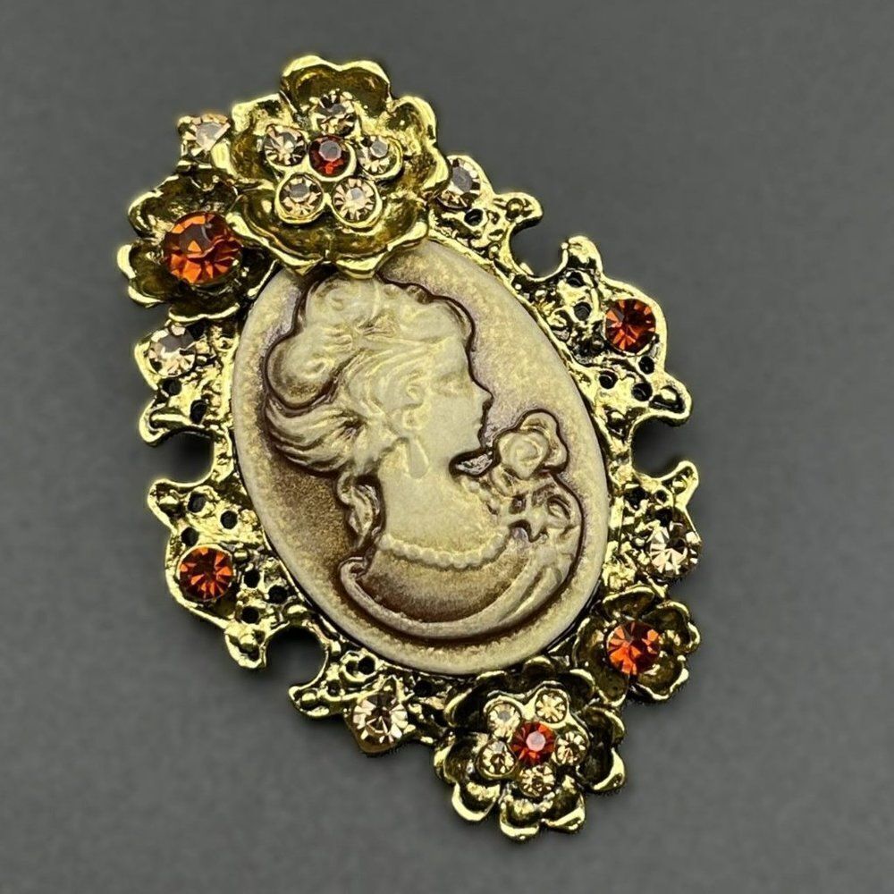 Yellow Gold with Brown and Champagne Crystal Lady Cameo Flower Pin Back Brooch
